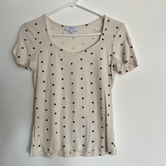 Tops - mySTYLE Cream Ribbed Polka Dot Tee